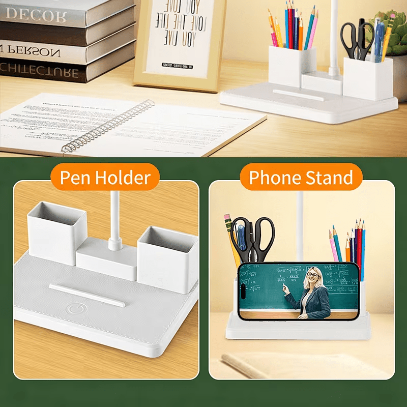 Lampe de bureau LED à deux barres blanches et pot à crayons
