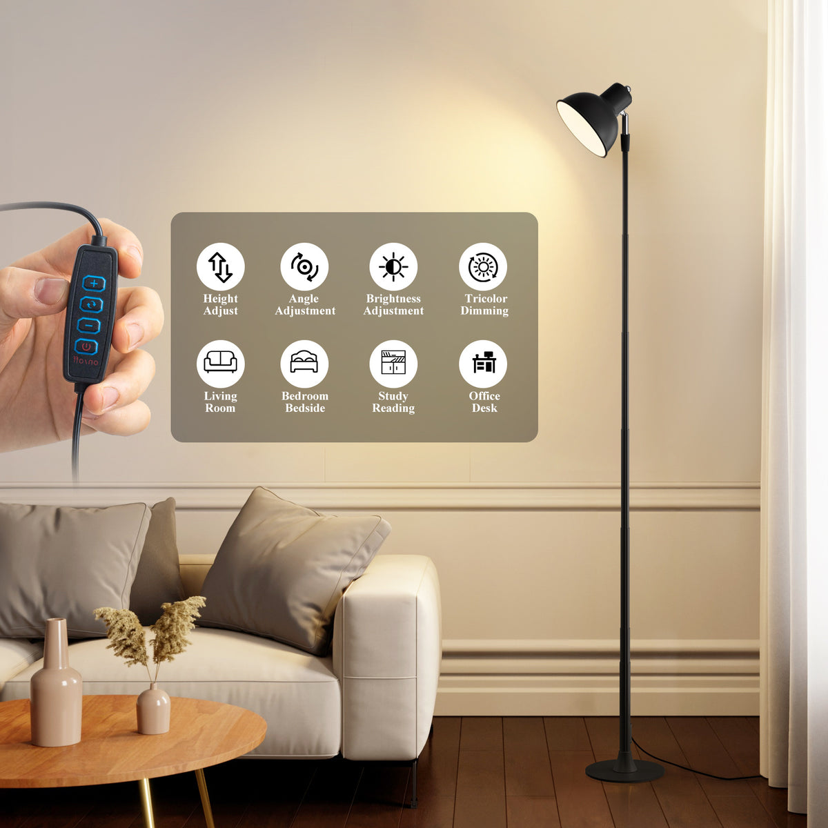 Lampe de bureau LED à mât réglable de 45 à 145 cm, trois blancs