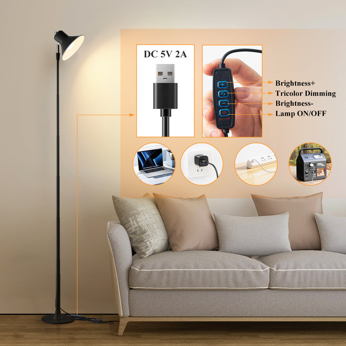 Lampe de bureau LED à mât réglable de 45 à 145 cm, trois blancs