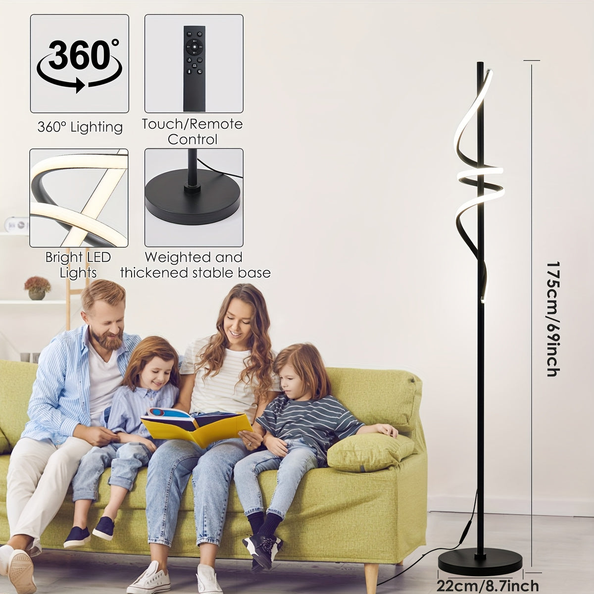Lampe de bureau LED en spirale noire de 175 cm, tactile