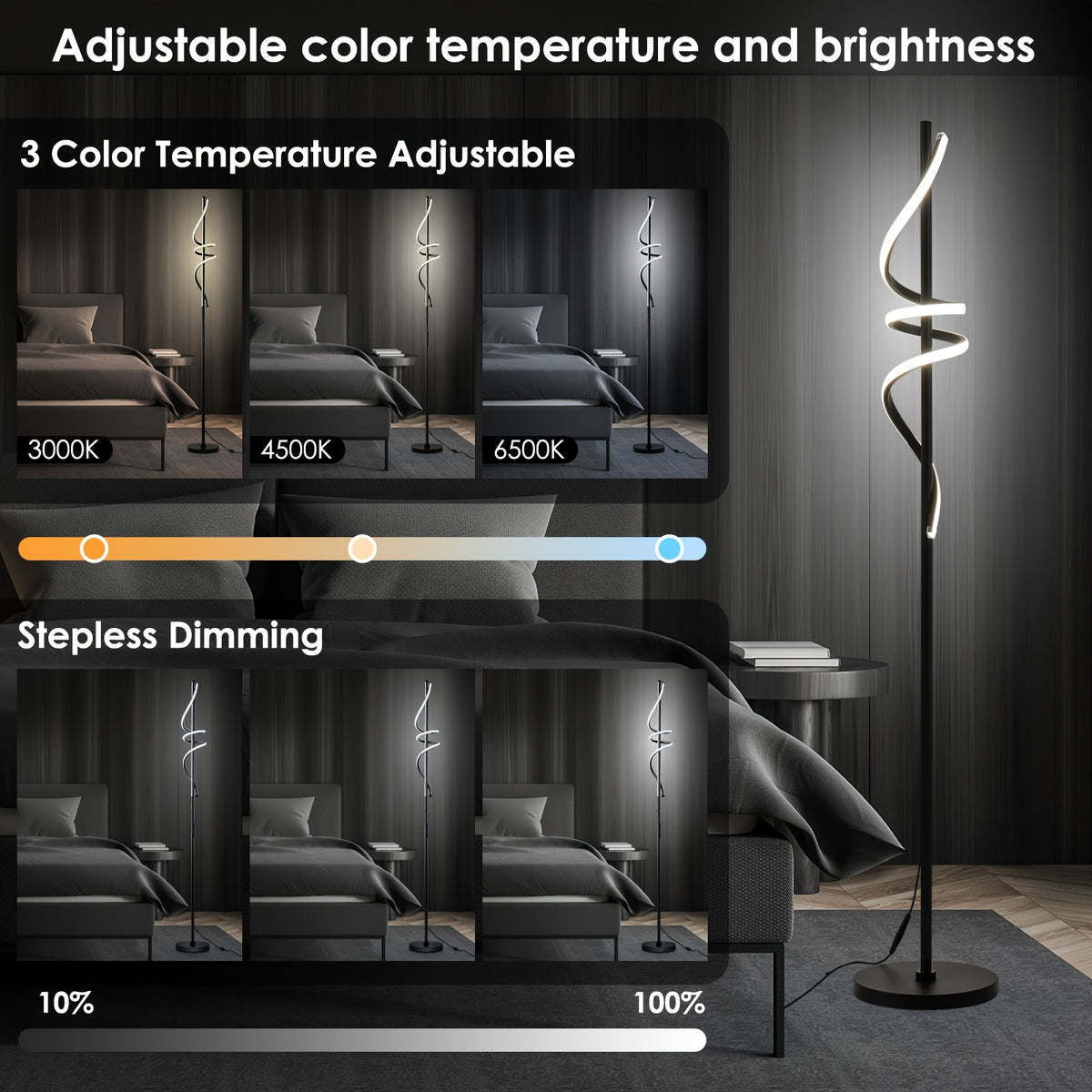 Lampe de bureau LED en spirale noire de 175 cm, tactile