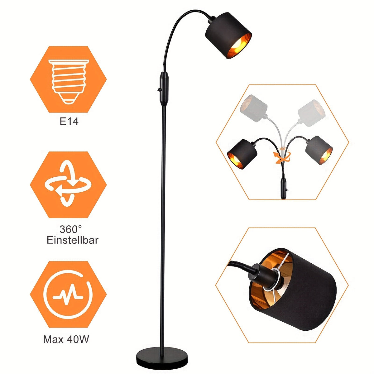 Lampe de bureau liseuse à col flexible, douille E14 de 40 W