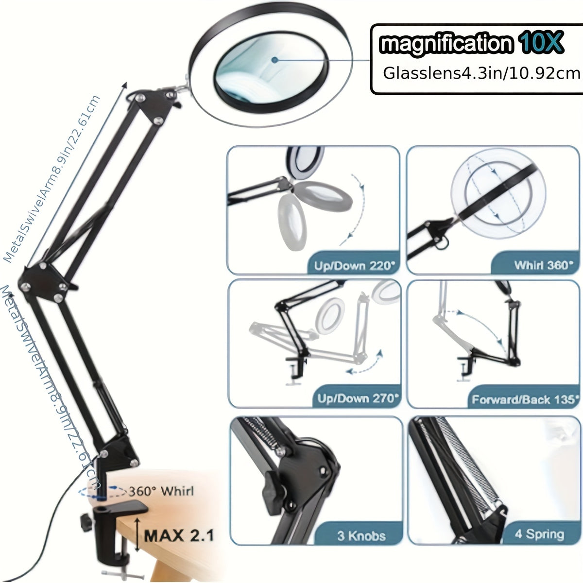 Lampe de bureau loupe LED - Grossissement 10x et bras articulé — photo 6