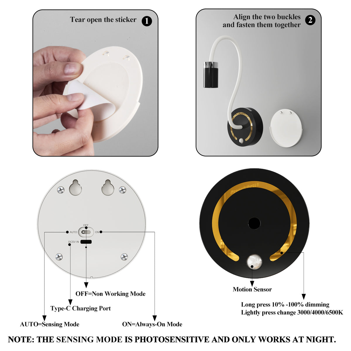 Lampe de bureau applique à coller, 32 cm, capteur intégré
