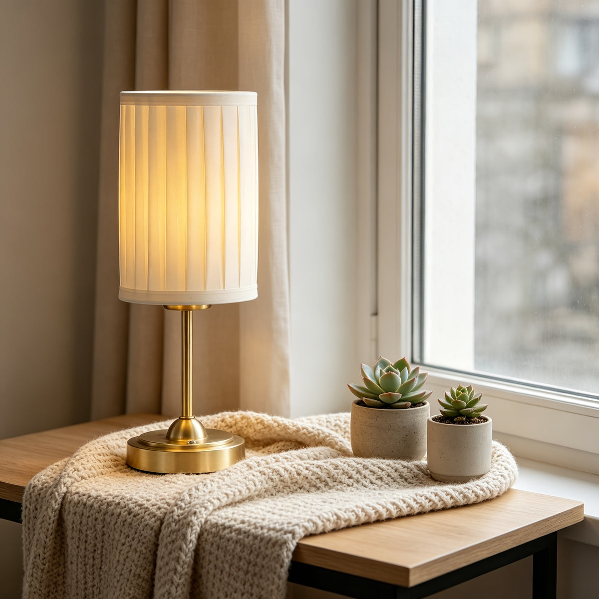 Lampe de bureau nomade dorée à colonne plissée de 35 cm USB