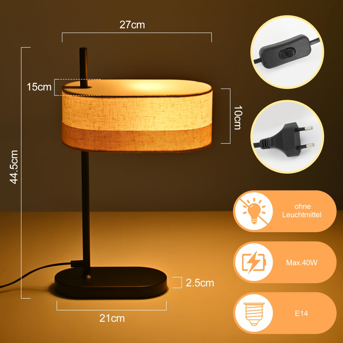 Lampe de bureau à chapeau ovale en textile écru, culot E14