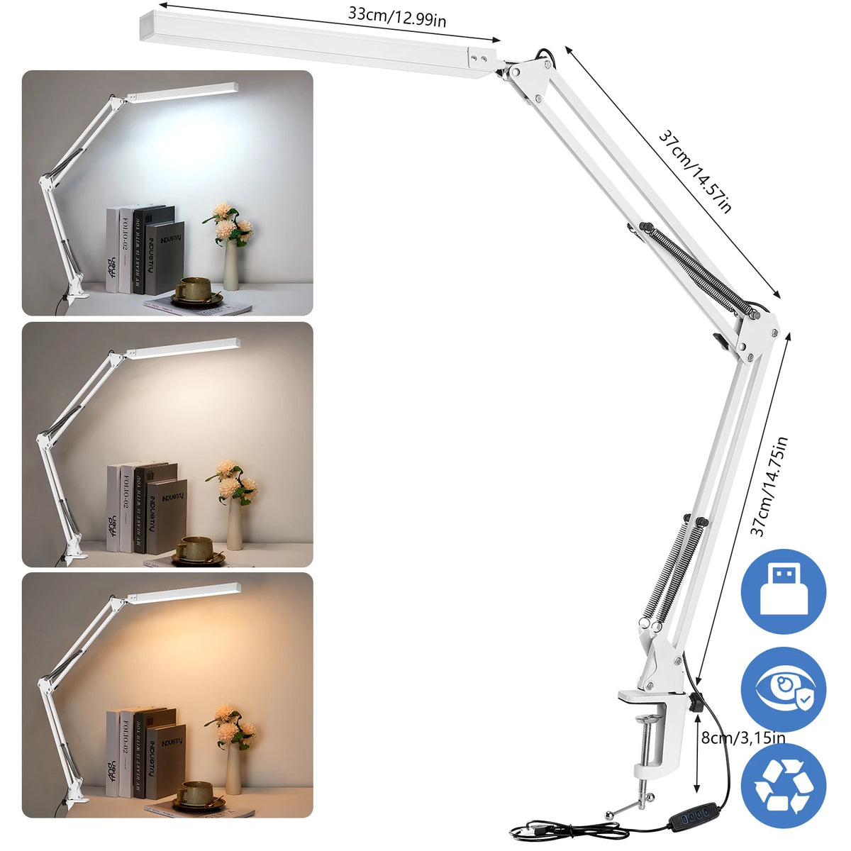 Lampe de bureau à pince LED - Bras long et intensité réglable — photo 2