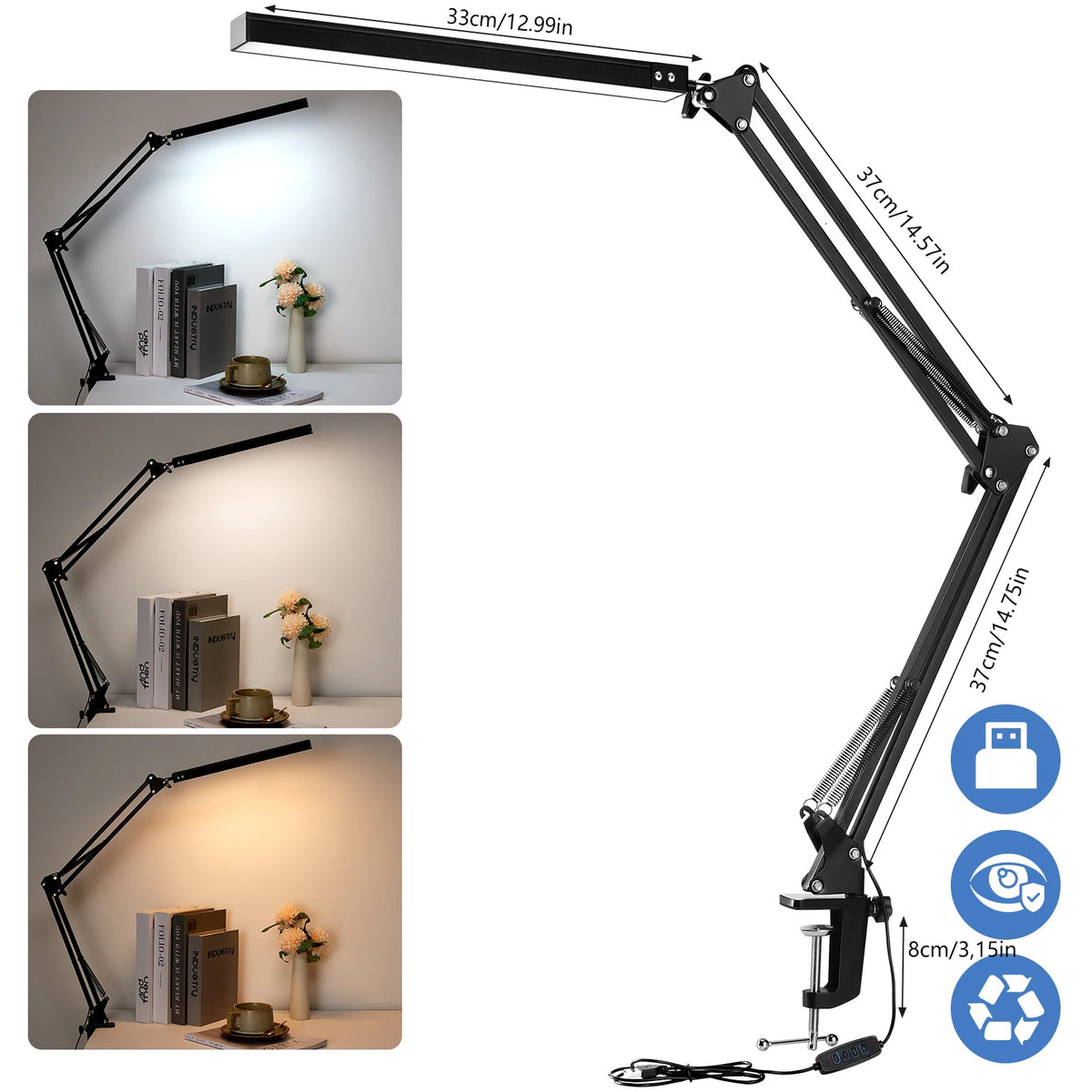 Lampe de bureau à pince LED - Bras long et intensité réglable — photo 3 Image