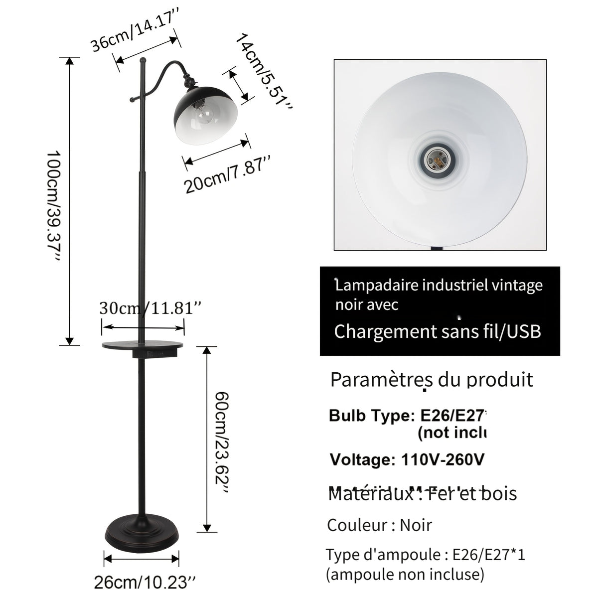 Lampe de bureau à plateau, charge sans fil et deux ports USB