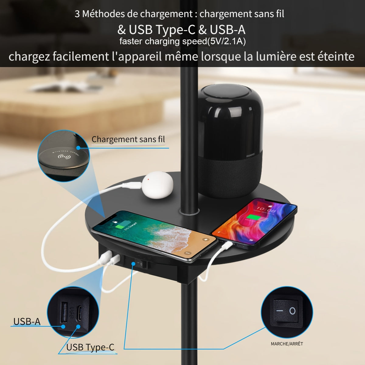 Lampe de bureau à plateau, charge sans fil et deux ports USB