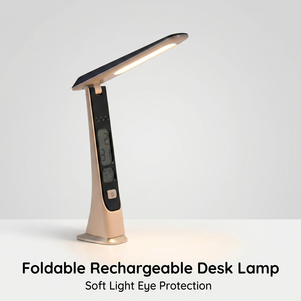 Lampe de bureau dorée à écran horloge et date, rechargeable