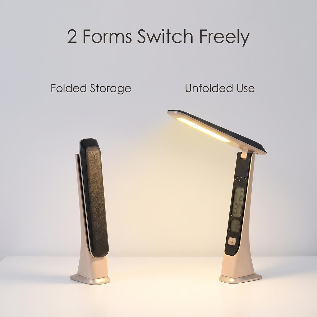 Lampe de bureau dorée à écran horloge et date, rechargeable