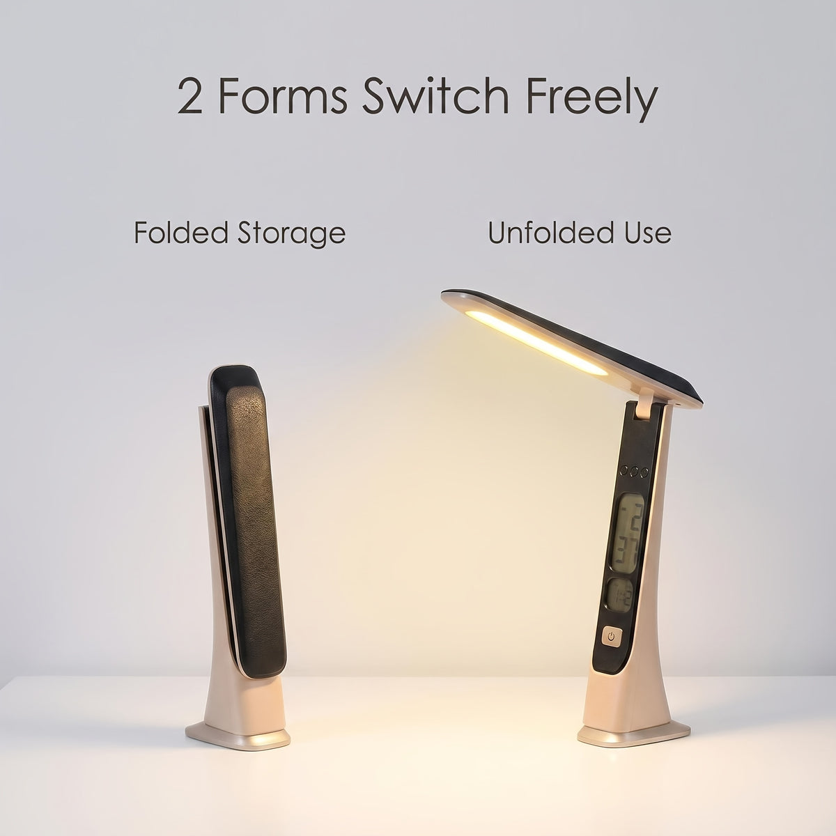 Lampe de bureau dorée à écran horloge et date, rechargeable