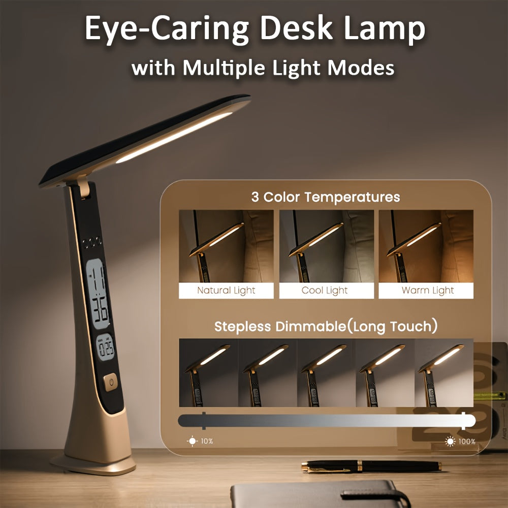 Lampe de bureau dorée à écran horloge et date, rechargeable