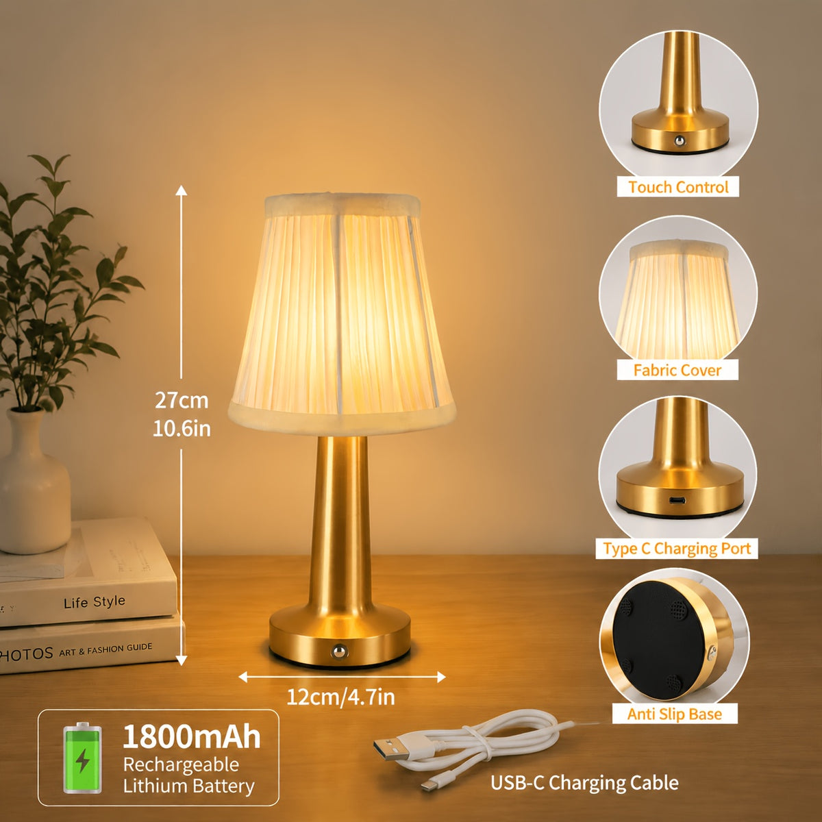 Lampe de bureau à batterie 1800 mAh, abat-jour plissé 27 cm