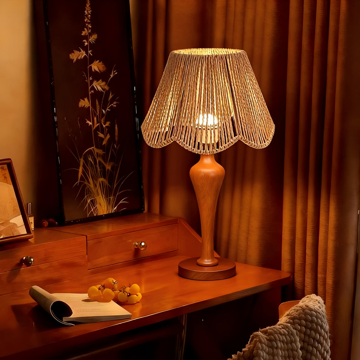 Lampe de bureau en rotin tissé - Base bois chaleureuse — photo 2