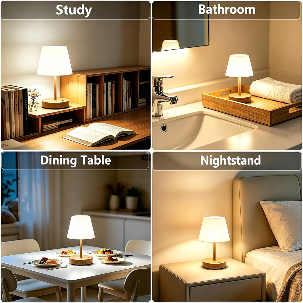 Lampe de bureau sans fil IP54, socle à décor grain de bois