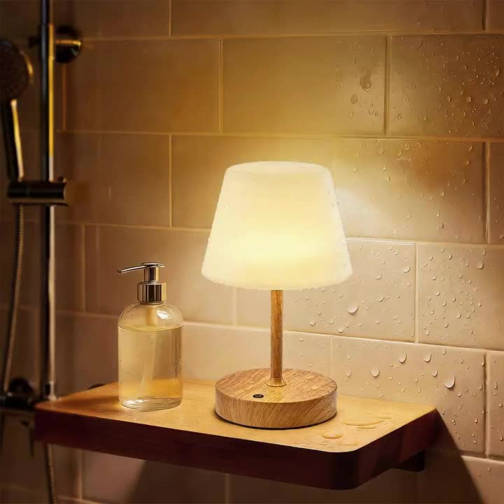 Lampe de bureau sans fil IP54, socle à décor grain de bois