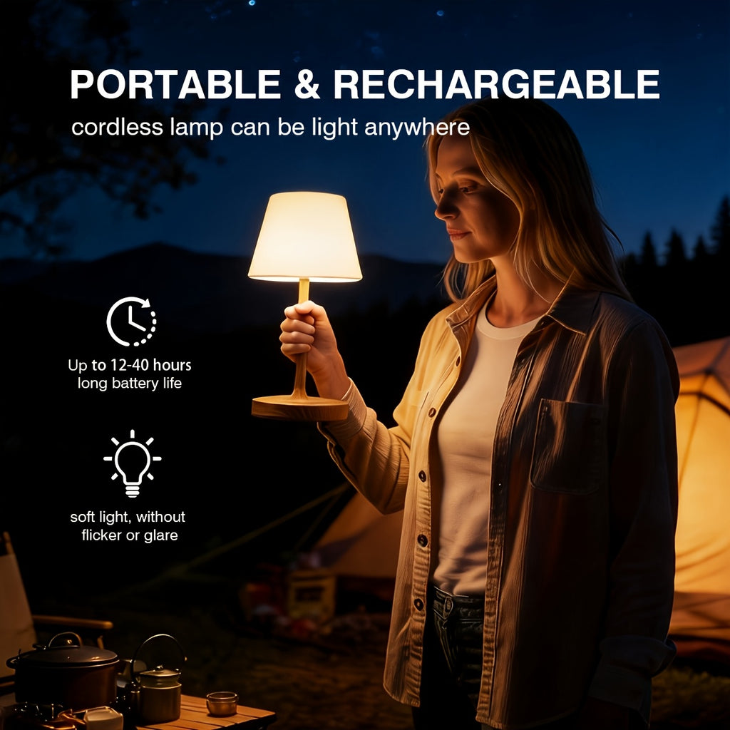 Lampe de bureau sans fil IP54, socle à décor grain de bois