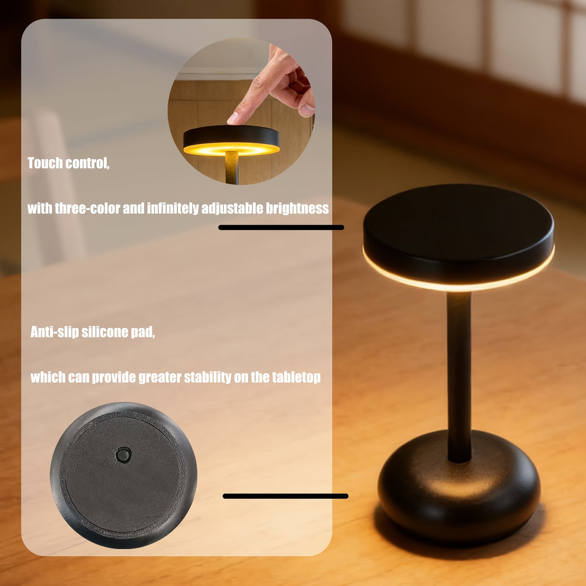 Lampe de bureau sans fil noire 20,5 cm, 3000 à 6000 kelvins