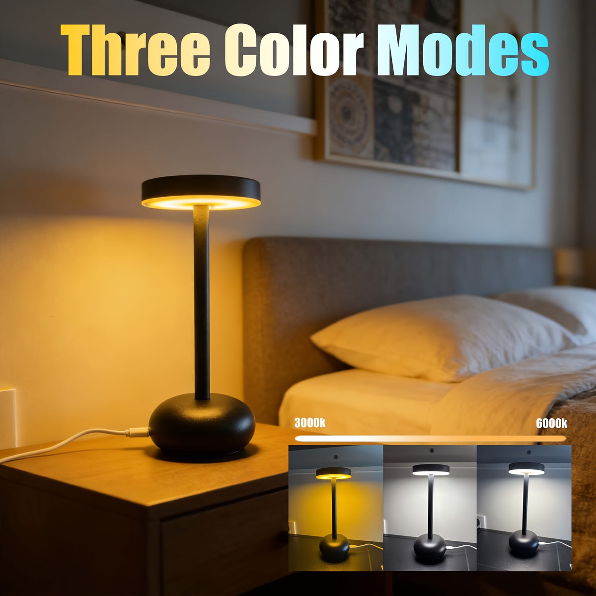 Lampe de bureau sans fil noire 20,5 cm, 3000 à 6000 kelvins