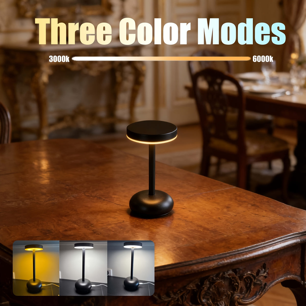 Lampe de bureau sans fil noire 20,5 cm, 3000 à 6000 kelvins