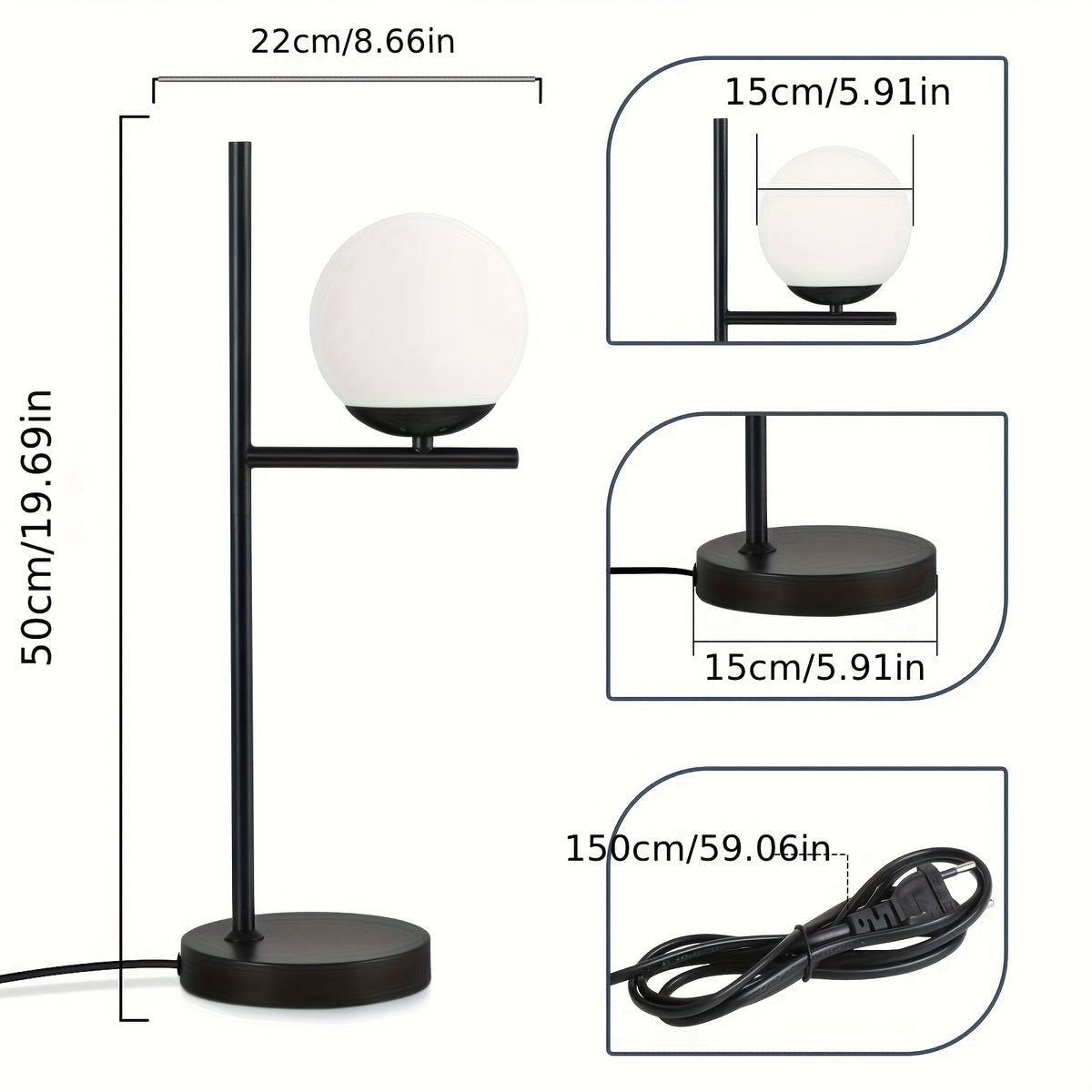 Lampe de bureau à globe déporté sur équerre de 50 cm, E27