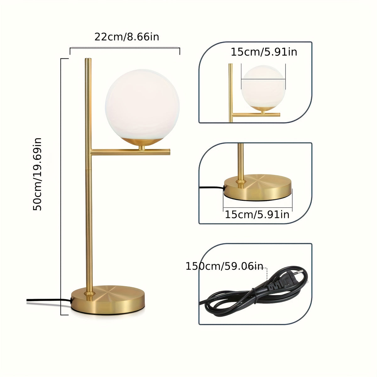 Lampe de bureau à globe déporté sur équerre de 50 cm, E27