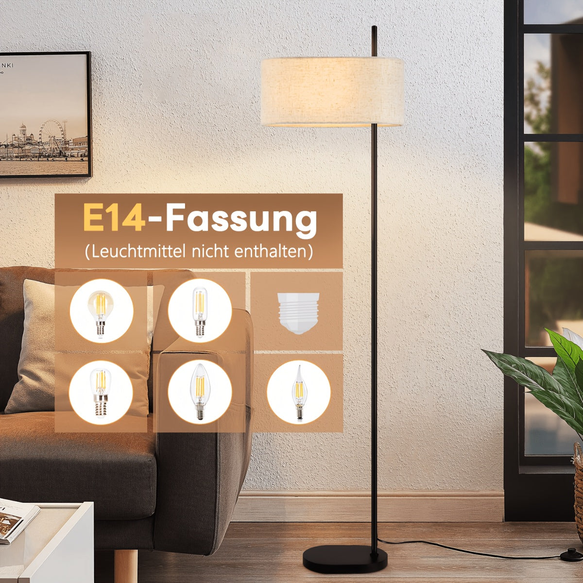 Lampe de bureau noire de 154 cm, large abat-jour en lin