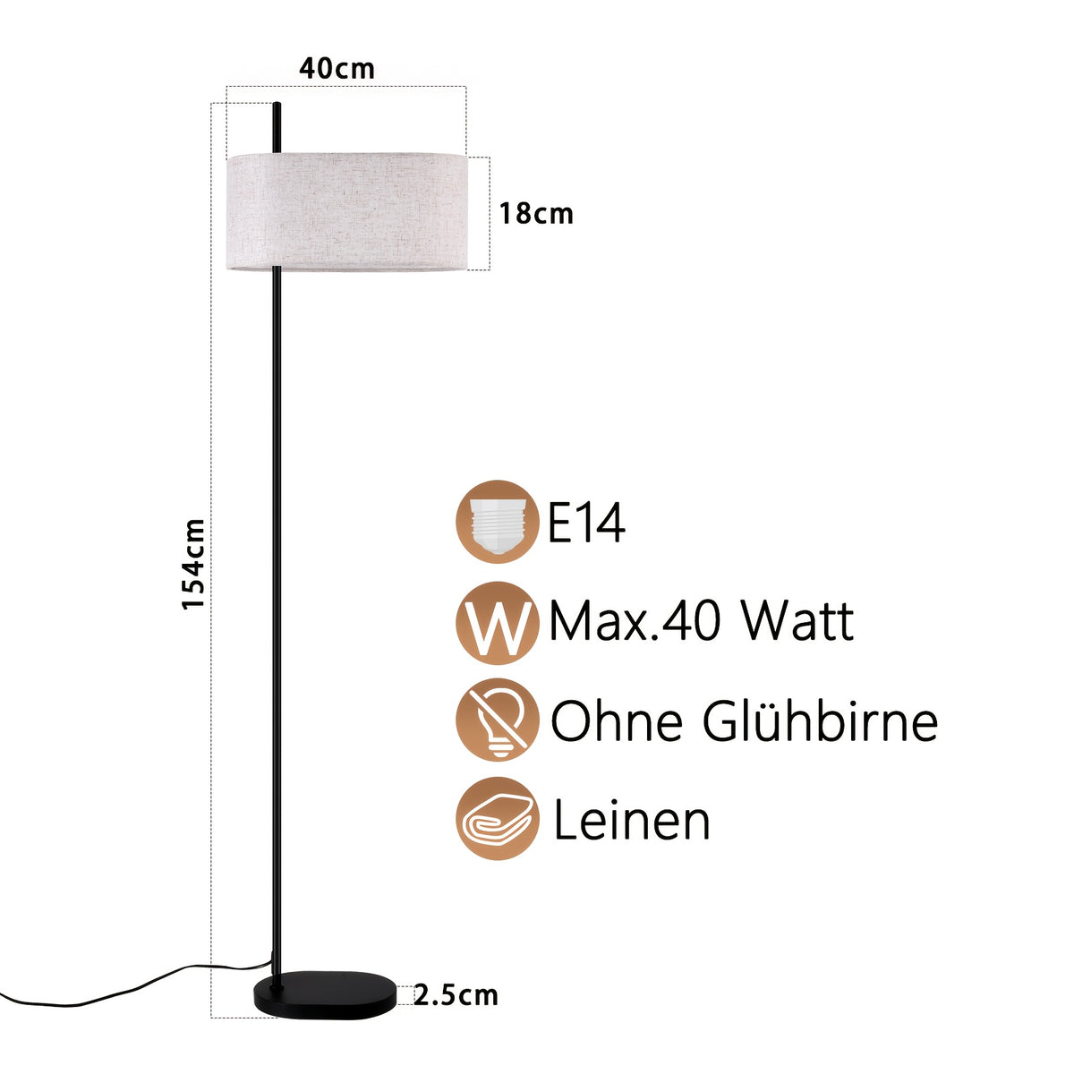 Lampe de bureau noire de 154 cm, large abat-jour en lin