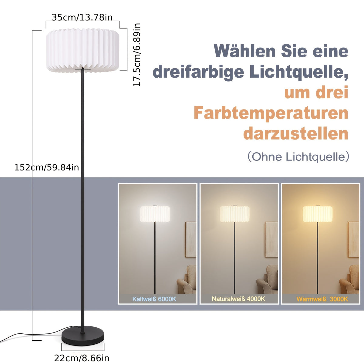 Lampe de bureau à abat-jour de papier plissé, 152 cm noire