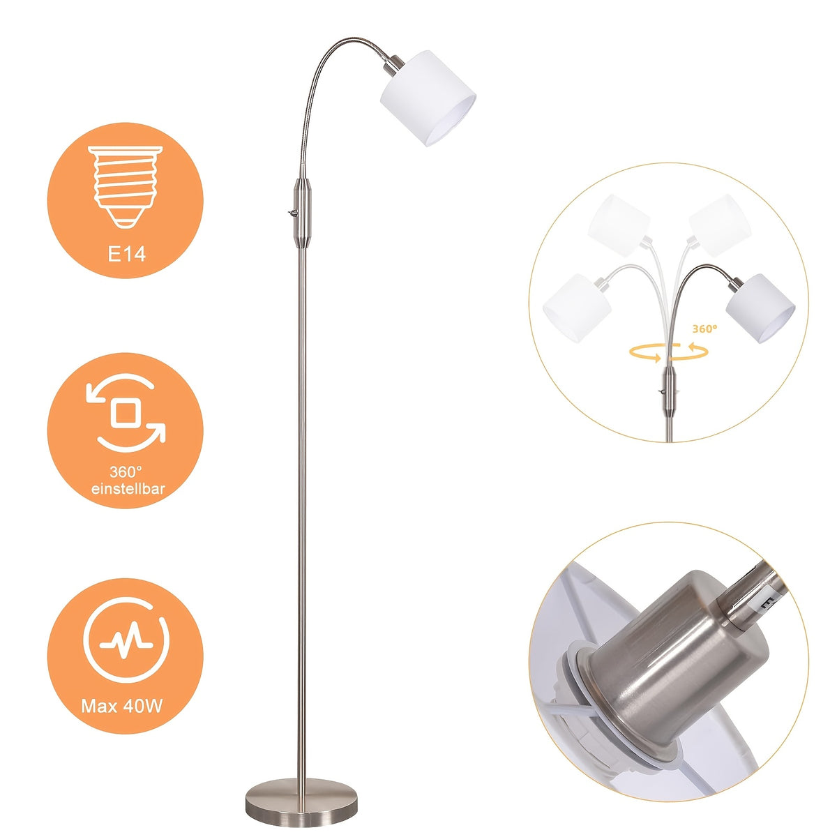 Lampe de bureau liseuse noire ou nickel, 163 cm de haut