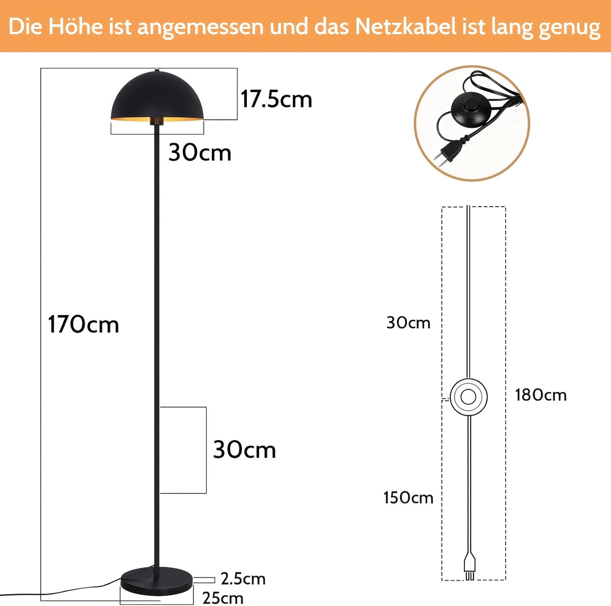 Lampe de bureau sur pied à dôme métal doré à l'intérieur