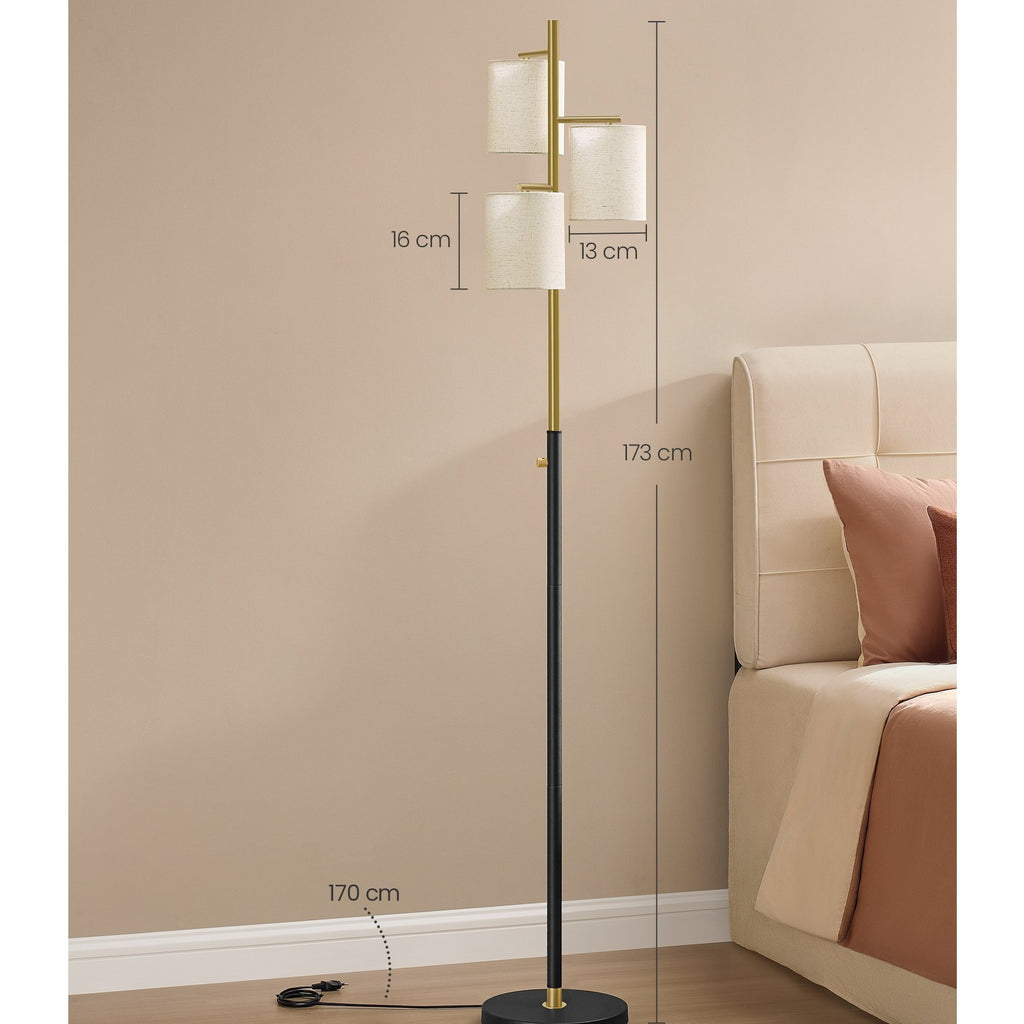 Lampe de bureau sur pied dorée à trois abat-jour en tissu