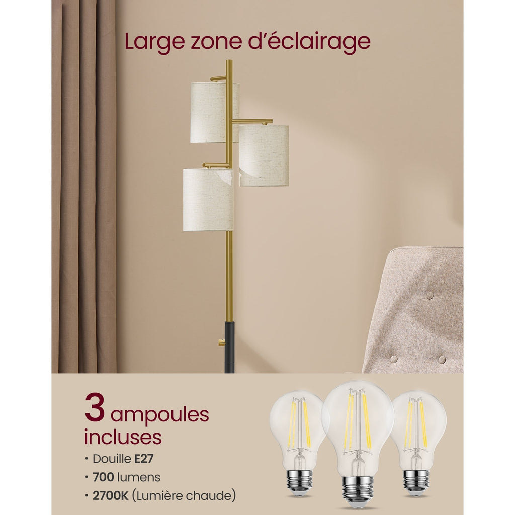 Lampe de bureau sur pied dorée à trois abat-jour en tissu
