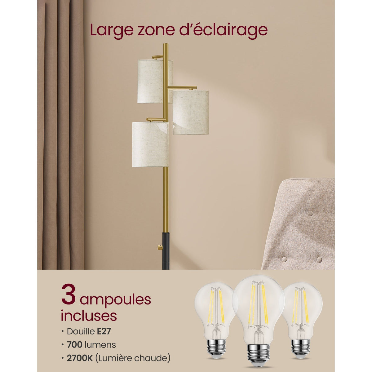 Lampe de bureau sur pied dorée à trois abat-jour en tissu