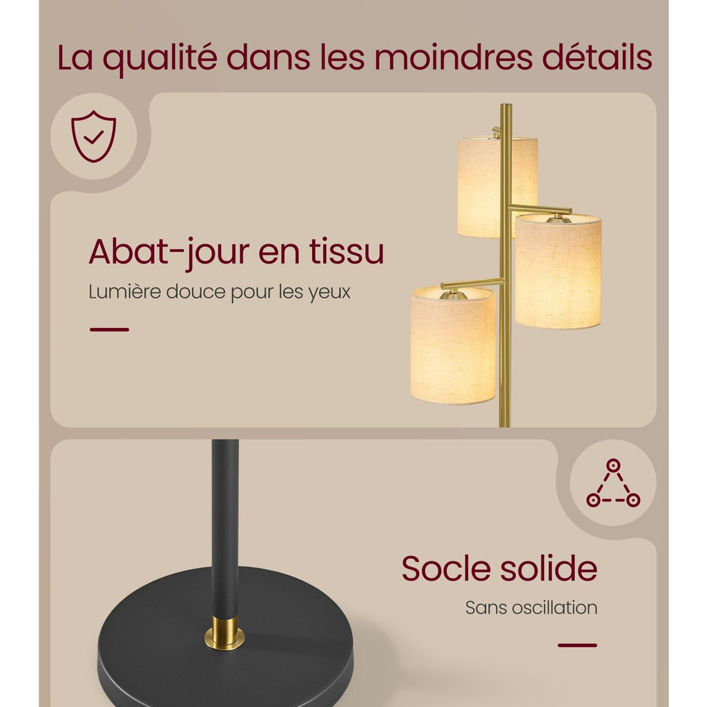 Lampe de bureau sur pied dorée à trois abat-jour en tissu
