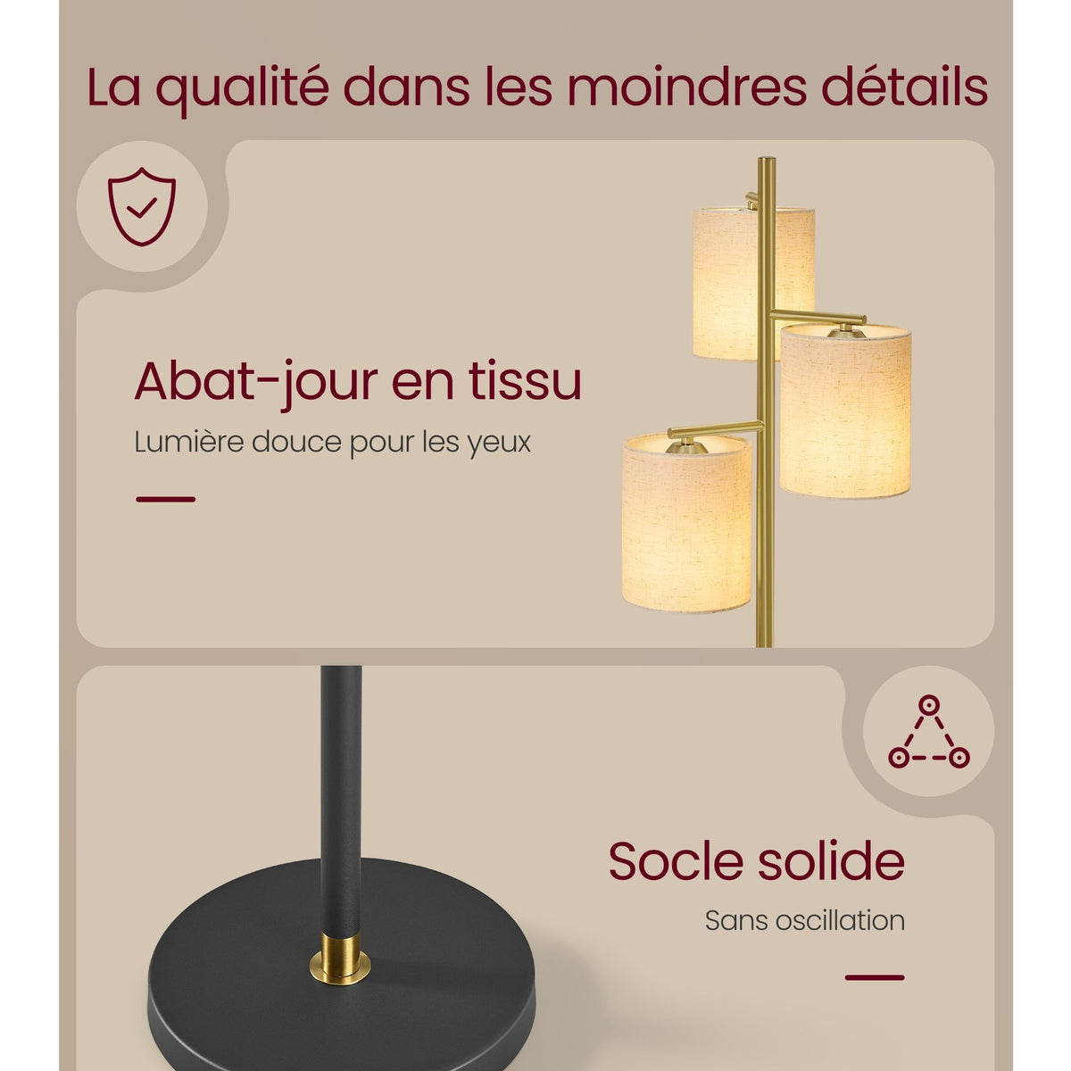 Lampe de bureau sur pied dorée à trois abat-jour en tissu
