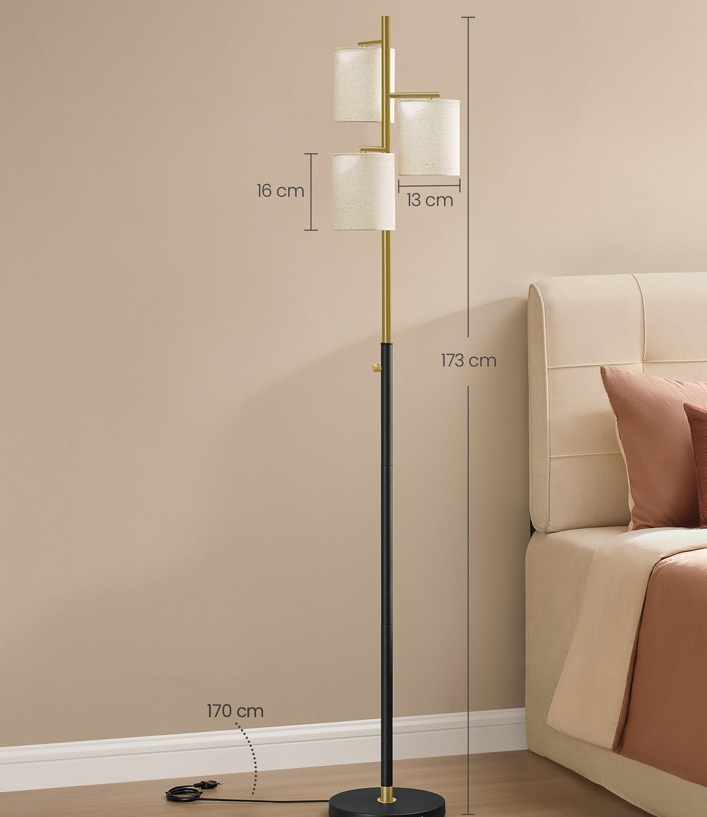 Lampe de bureau sur pied dorée à trois abat-jour en tissu