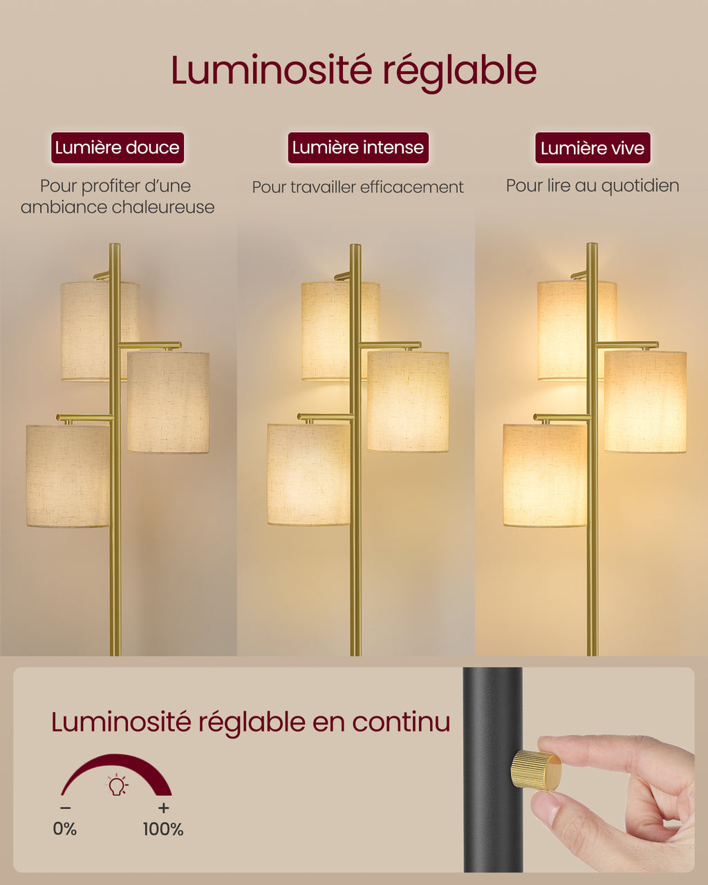 Lampe de bureau sur pied dorée à trois abat-jour en tissu
