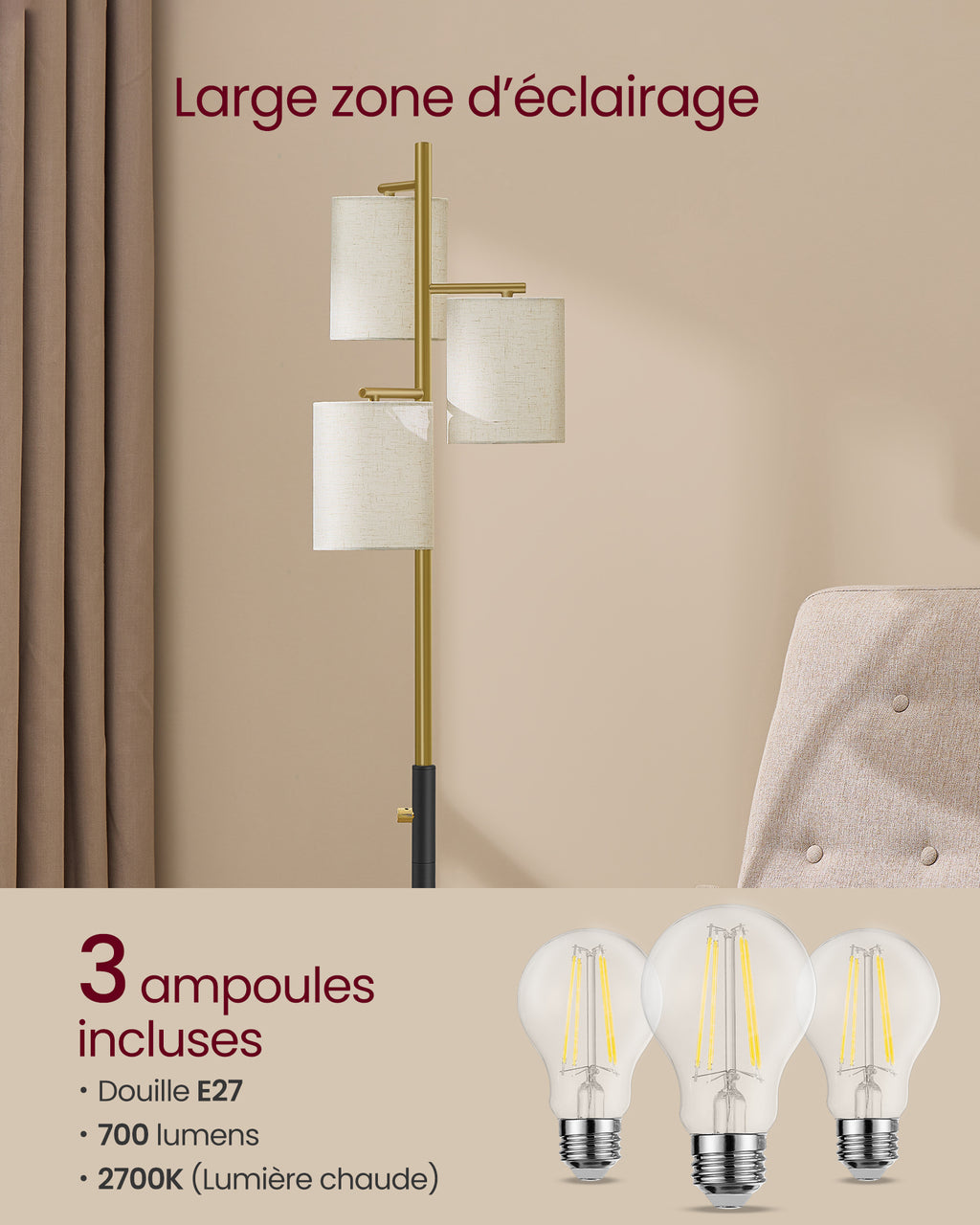 Lampe de bureau sur pied dorée à trois abat-jour en tissu
