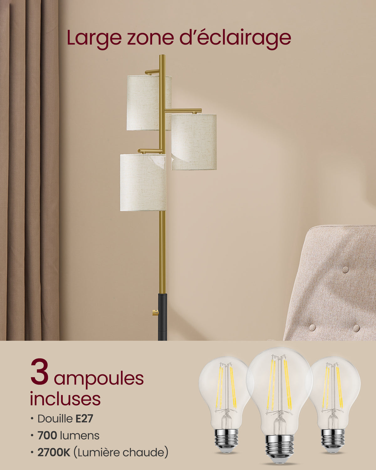 Lampe de bureau sur pied dorée à trois abat-jour en tissu