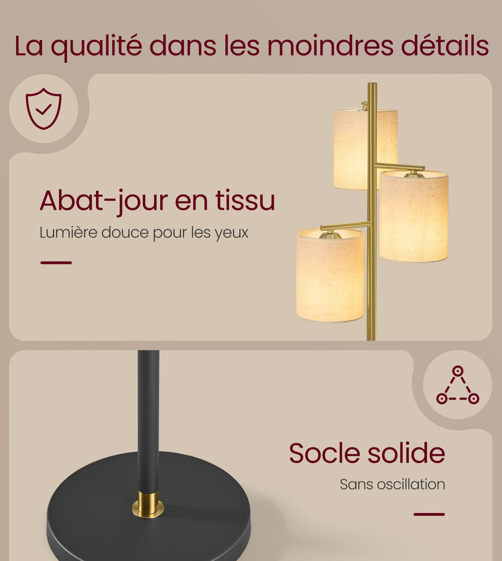 Lampe de bureau sur pied dorée à trois abat-jour en tissu
