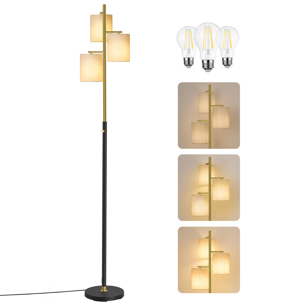 Lampe de bureau sur pied dorée à trois abat-jour en tissu
