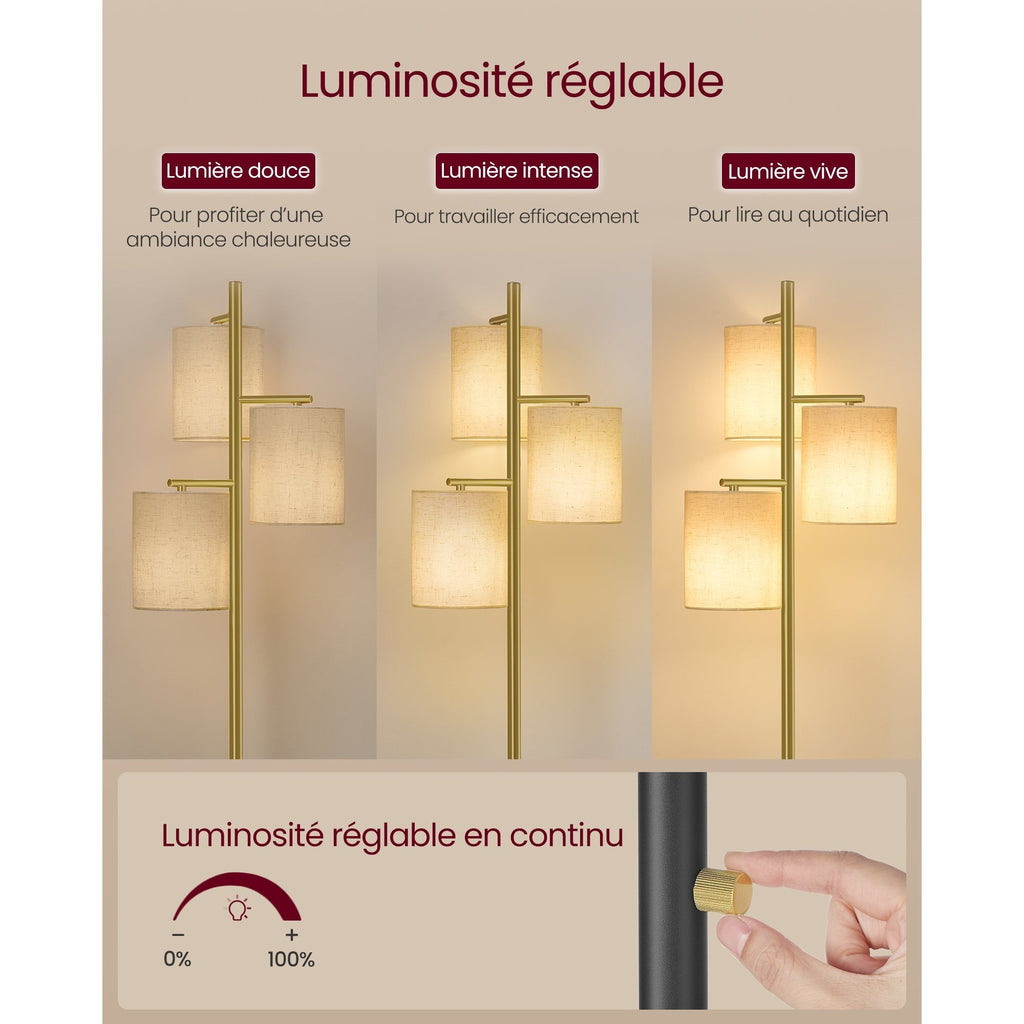 Lampe de bureau sur pied dorée à trois abat-jour en tissu