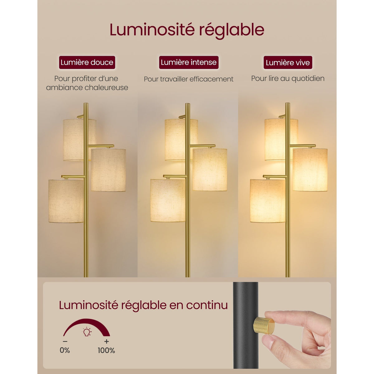 Lampe de bureau sur pied dorée à trois abat-jour en tissu