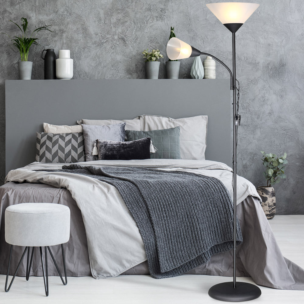 Lampe de bureau sur pied 175 cm, vasque et liseuse noire