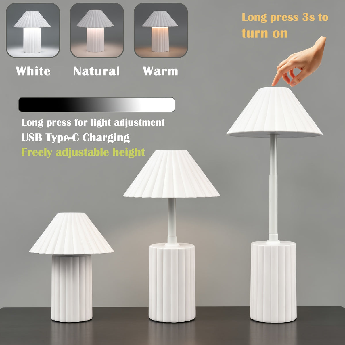 Lampe de bureau télescopique plissée blanche, de 13 à 24 cm