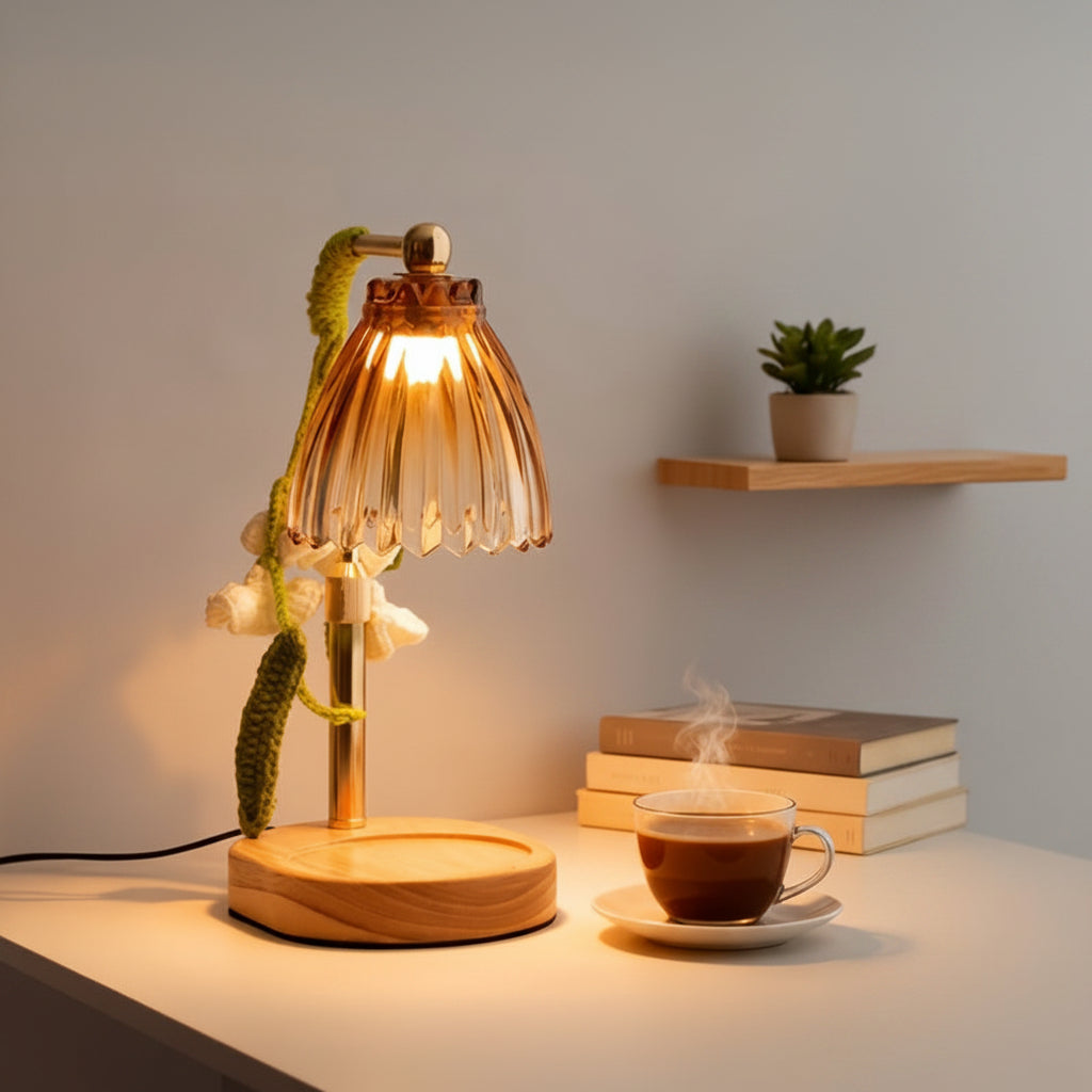 Lampe de bureau en verre ambré - Base bois chaleureuse — photo 1