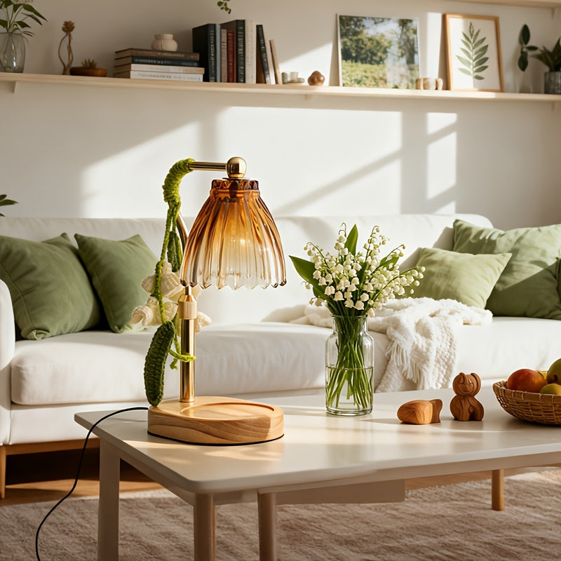 Lampe de bureau en verre ambré - Base bois chaleureuse — photo 3